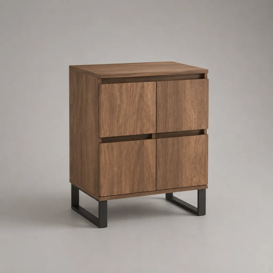 Buffet haut rectangulaire à 4 portes en panneaux de particules mélaminés et acier noir, décor noyer, 80 × 40 × 100 cm