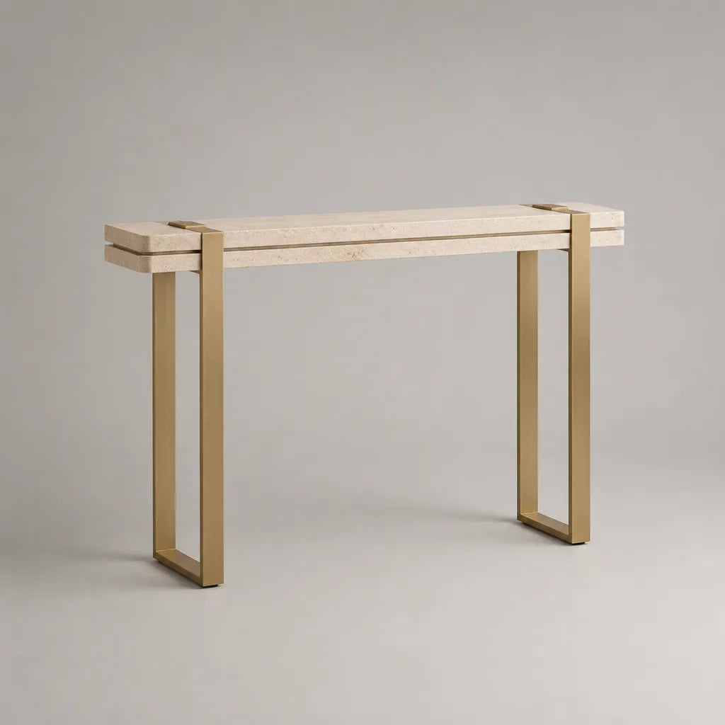 Console rectangulaire en travertin et acier inoxydable beige et doré, 120 × 35 × 80 cm