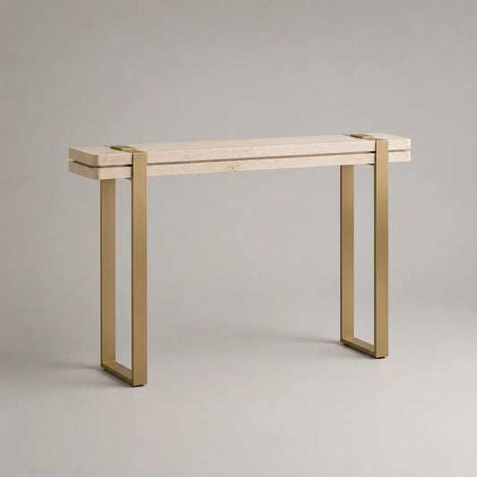 Console rectangulaire en travertin et acier inoxydable beige et doré, 120 × 35 × 80 cm