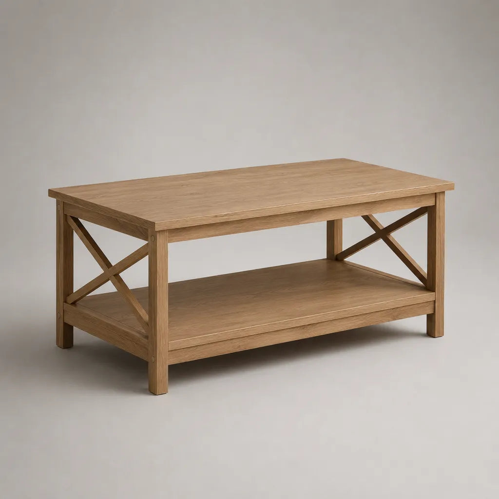 Table basse rectangulaire en bois avec étagère, chêne naturel, 100 × 60 × 50 cm