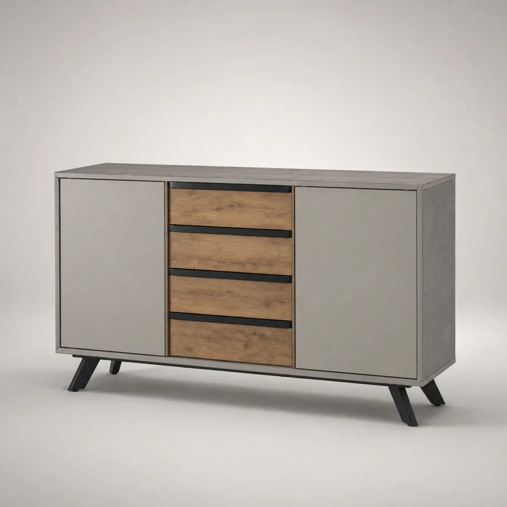 Buffet de rangement 2 portes et 4 tiroirs en panneaux de particules mélaminés et acier, gris, chêne naturel et noir, 150 × 40 × 85 cm