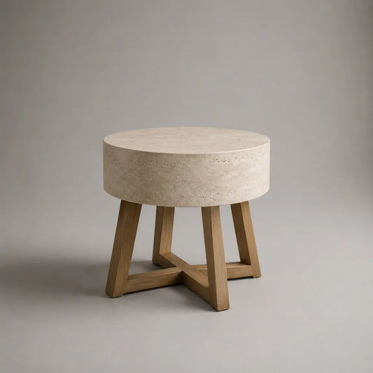 Table d’appoint ronde effet travertin beige en MDF et chêne massif, Ø 50 × H 50 cm