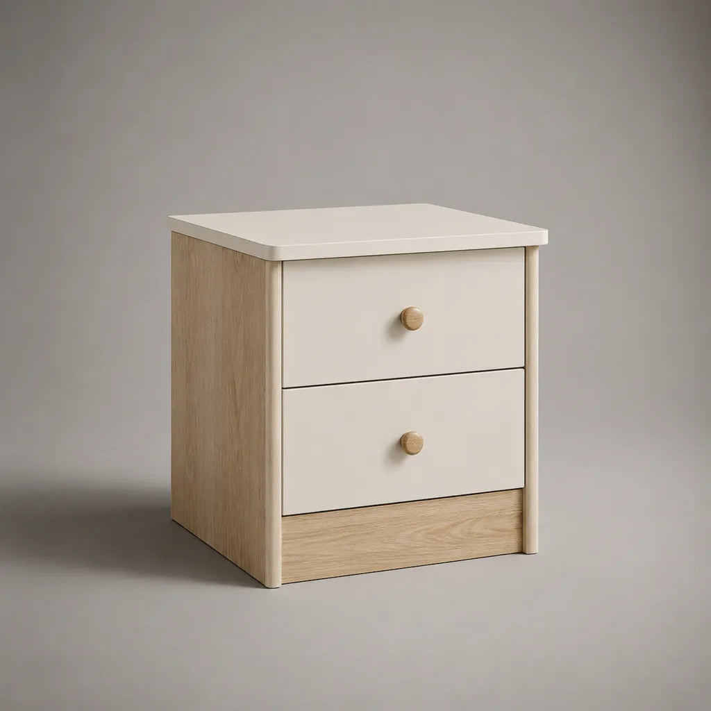 Table de chevet rectangulaire en panneaux de particules avec 2 tiroirs, beige et chêne clair, 40 × 35 × 50 cm