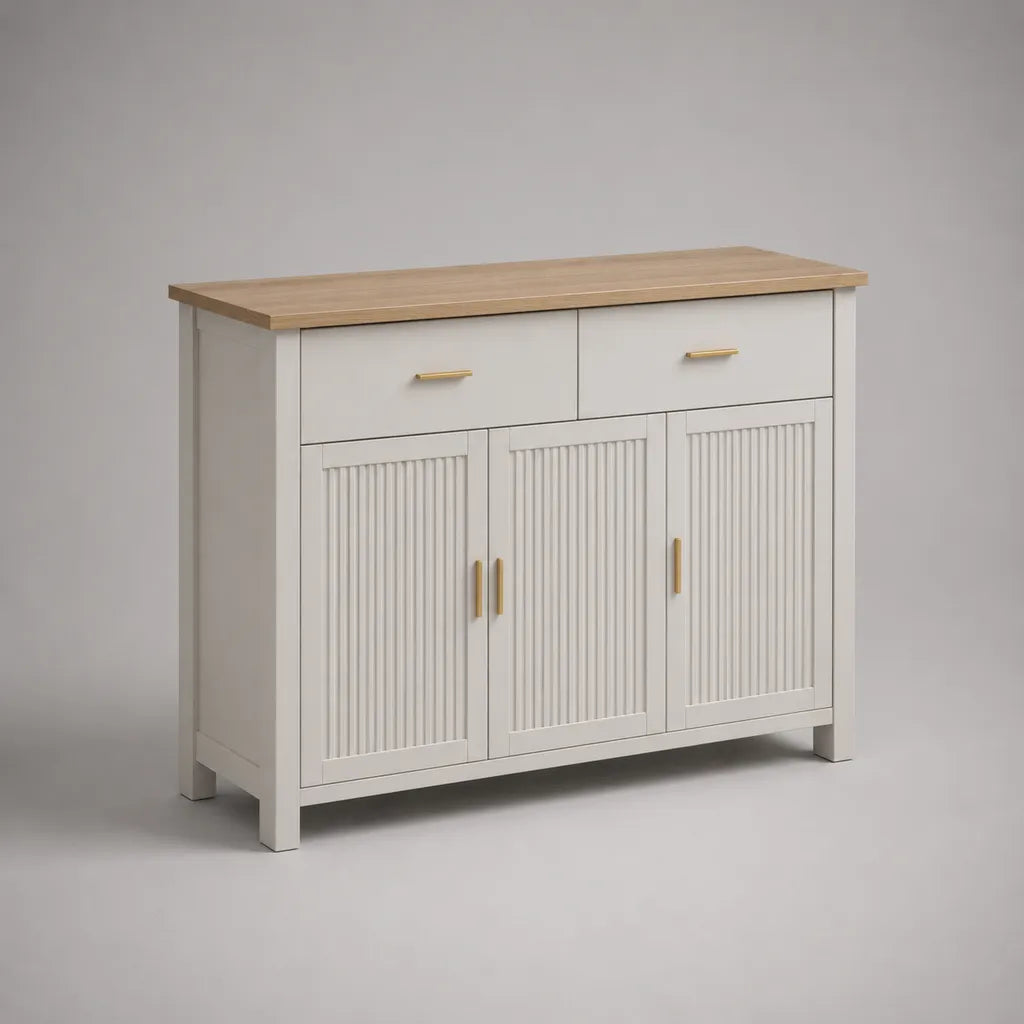 Buffet de rangement rectangulaire en MDF et panneaux de particules, 3 portes et 2 tiroirs, blanc et chêne naturel, 120 × 40 × 85 cm
