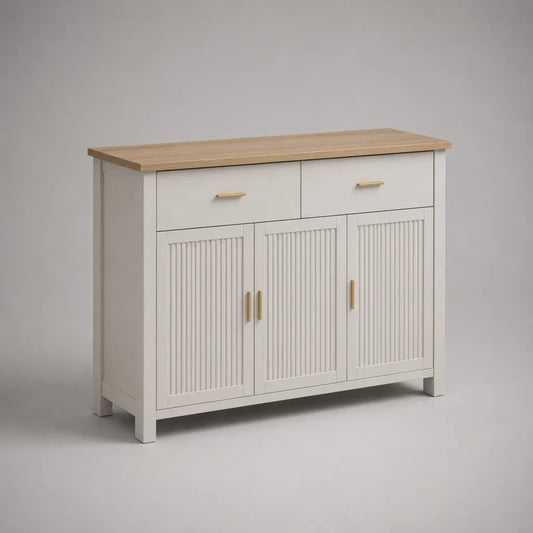 Buffet de rangement rectangulaire en MDF et panneaux de particules, 3 portes et 2 tiroirs, blanc et chêne naturel, 120 × 40 × 85 cm