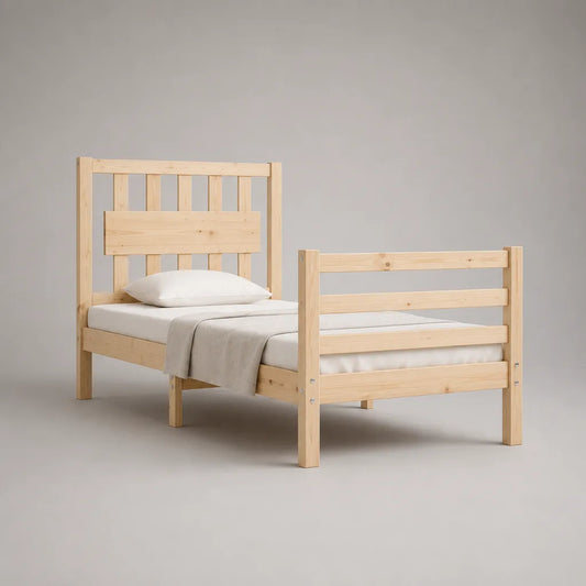 Lit simple 90 × 190 cm en pin massif naturel avec sommier à lattes et tête de lit haute