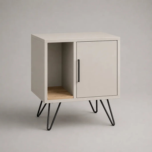 Table de chevet rectangulaire en panneau de particules mélaminé et acier avec porte et niche, blanc cassé, chêne clair et noir, 60 × 40 × 70 cm