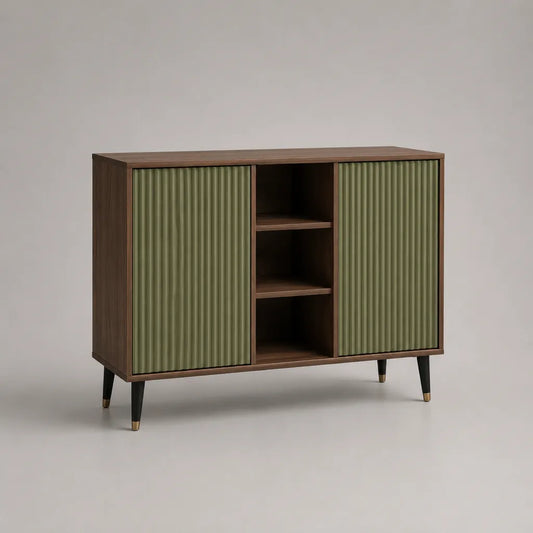Buffet de rangement en bois et métal avec 2 portes et 3 niches, marron noyer et vert olive, 120 × 40 × 88 cm