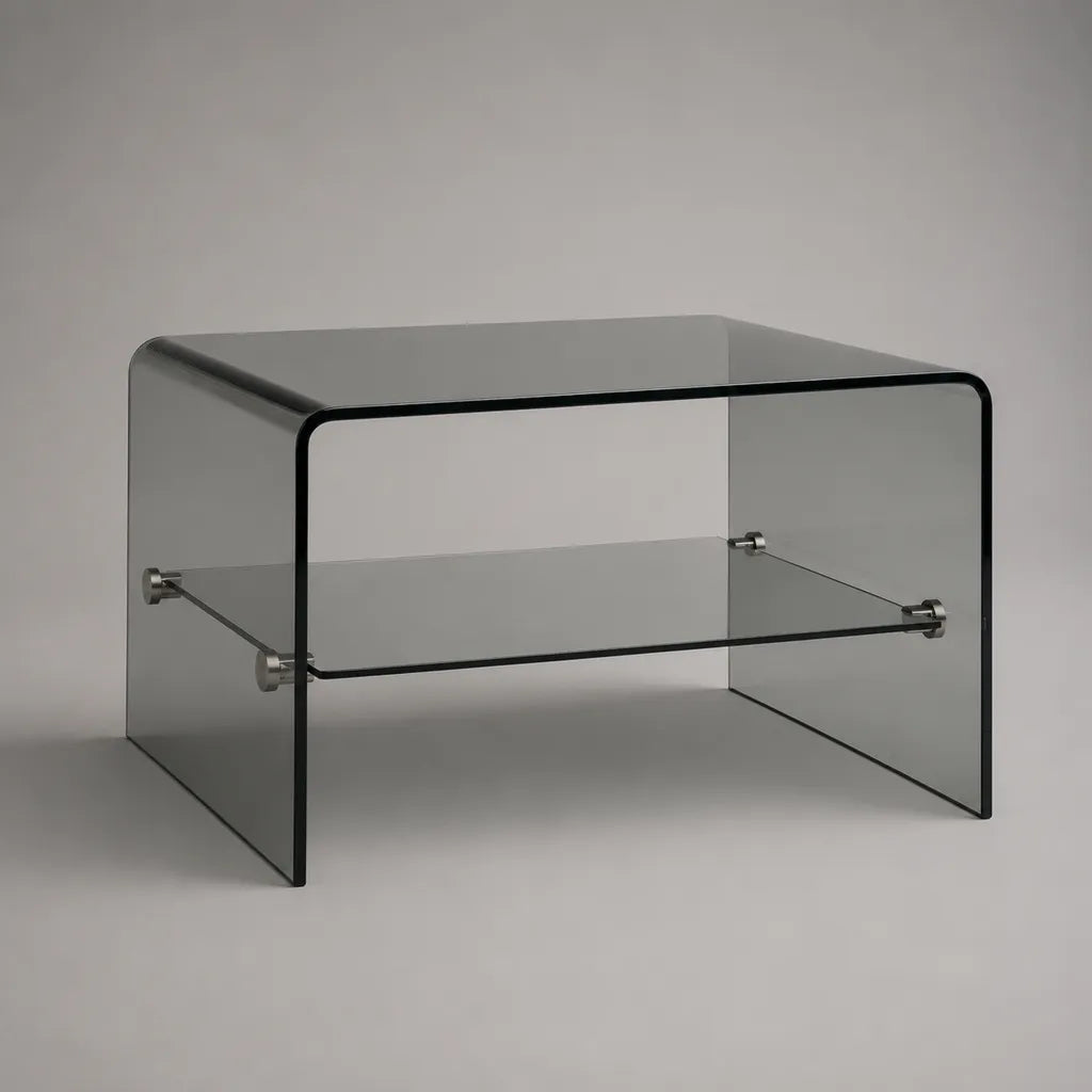 Table basse rectangulaire en verre cintré fumé avec tablette, 90 × 50 × 45 cm