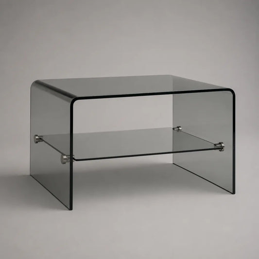 Table basse rectangulaire en verre cintré fumé avec tablette, 90 × 50 × 45 cm